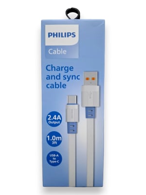 CABLE PHILIPS USB 3.0 A USB-C - 2,4 AMP  1M CABLE PLANO - WHITE CABLE PHILIPS USB 3.0 A USB-C - 2,4 AMP  1M CABLE PLANO - WHITE