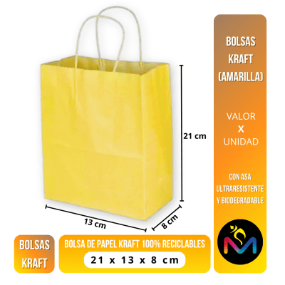 Bolsa de Papel para Regalo Color Amarillo Tamaño 21x13x8 cms