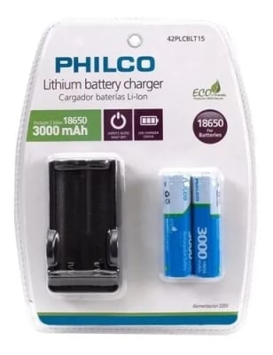 CARGADOR DE PILA 18650 + 2 PILA 18650 PHILCO