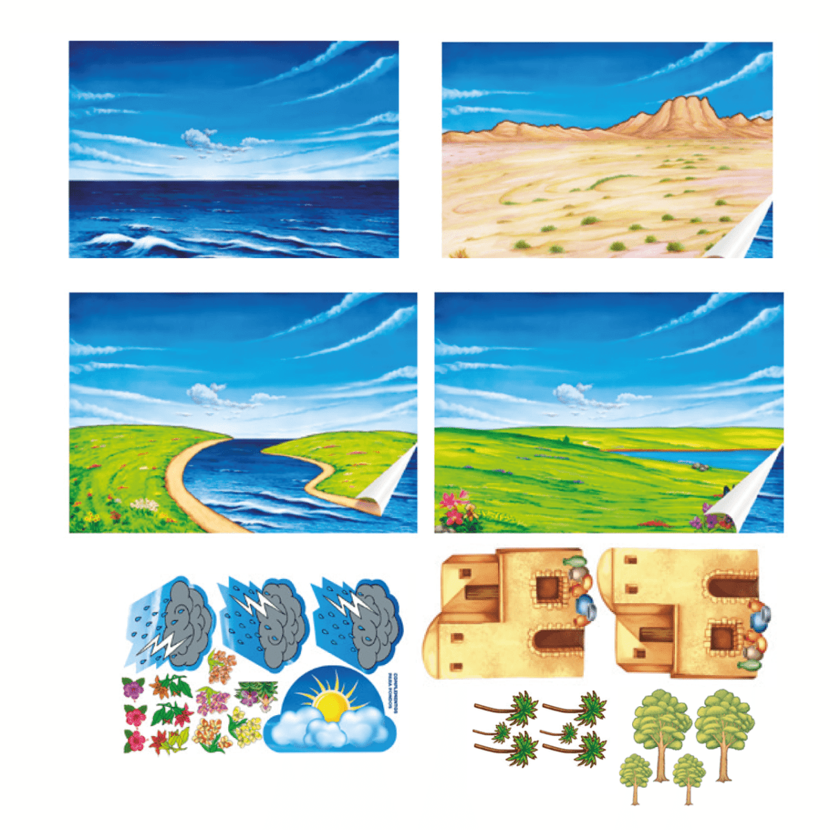 MAR Y CIELO, PRADERA, LOMADITAS, DESIERTOS, CASITAS, ÁRBOLES MEDIANOS Y FLORES 1