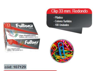 CLIP N?1 RED. COL/SURTIDO 33 MM. PLAST. CJA. 100 UN. FULTONS