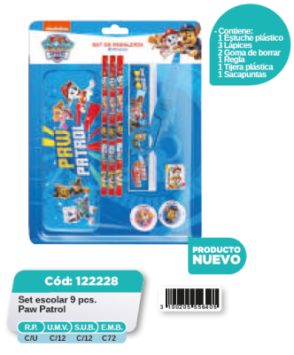SET ESCOLAR 9PCS  LAPIZ+ REGLA+GOMA +TIJERA PAW PATROL