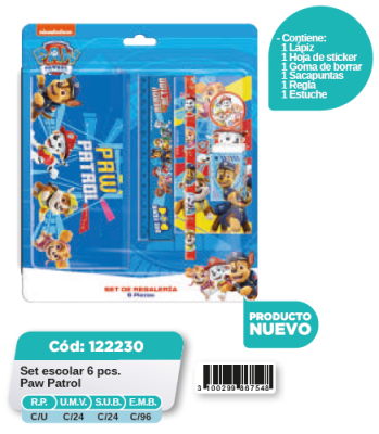 SET ESCOLAR 6PCS  ESTUCHE+LAPIZ+STICKER PAW PATROL