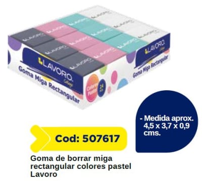 GOMA DE BORRAR MIGA RECTANGULAR COLORES PASTEL UNIDAD