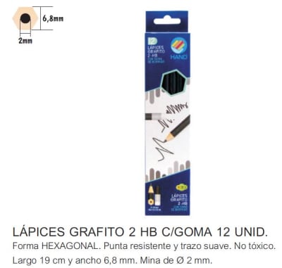LAPICES GRAFITO 2HB CON GOMA HEX 12UN HAND