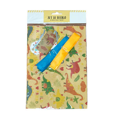 SET PAPELES REGALO + CINTAS + TARJETAS DINO