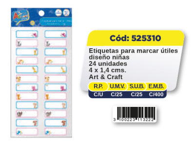 ETIQ. P/MARCAR ÚTILES 4X1.4 24U.DISEÑO NIÑAS