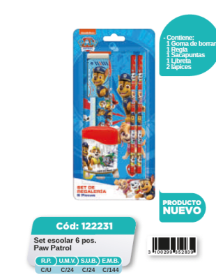 SET ESCOLAR 6PCS  LAPIZ+ LIBRETA+GOMA PAW PATROL