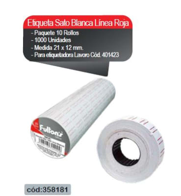 ETIQ. BLANCA C/LINEA ROJA SATO 1000 UN. PQTE 10 ROLLOS FULTONS