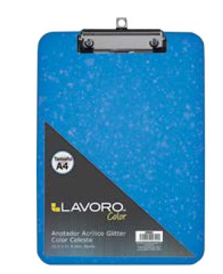 ANOTADOR ACRÍLICO A4 C/GLITTER AZUL LAVORO