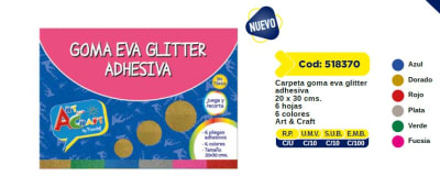 CARPETA C/PAPEL GOMA EVA GLITTER ADH  6 COL 6 PCS 20 X 30 CMS