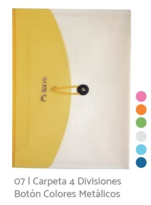 CARPETA 4 DIVIS. BOTON COLOR METALICO TORRE SOHO (SURTIDO)