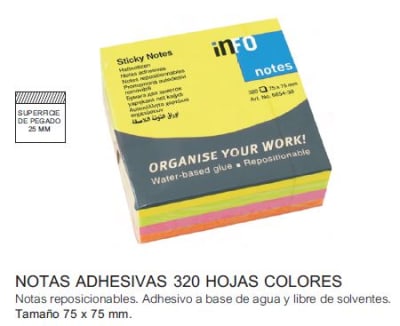 NOTAS ADHESIVAS 320hj COLORES 75x75mm INFO