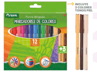 PLUMONES DIBUJO 12 COL+3 TONOS PIEL TORR
