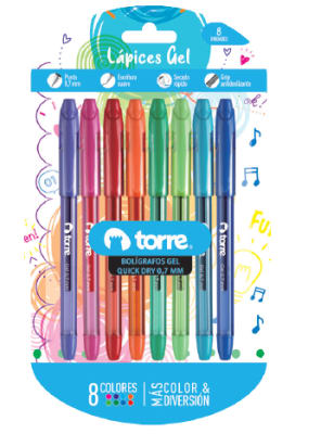 BL. 8 BOLÍGRAFO GEL QUICK DRY 07 COLOR FUN TORRE
