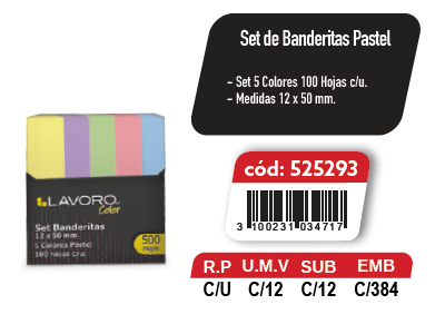 BANDERITAS ADHESIVAS 5COL PASTEL 100HC/U