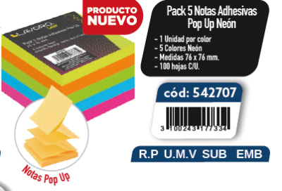 PACK 5 NOTAS 76X76 100H POP UP 5COL NEON