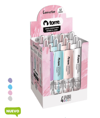 CINTA CORRECTORA RETRACTIL COLORES PASTEL PDQ TORRE