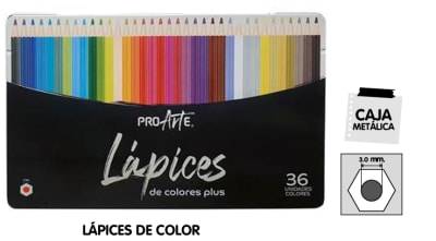 LAPICES DE COLOR PROARTE PLUS 36 LARGOS CAJA METALICA