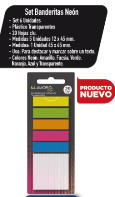 BANDERITAS ADH.SET 6U.PLÁST NEÓN 20H C/U