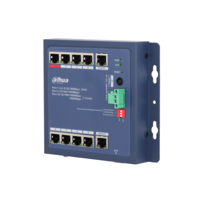 Switch Dahua Industrial, 8 Poe 10/100 + 2 uplink 1000 + 1 SFP 1000 Capa 2 IP30 y IK061