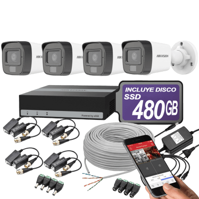 KIT HIKVISION EDVR 8CH 480GB + 4 CAM 2MP SMART HYBRID LIGHT INSTALADOR