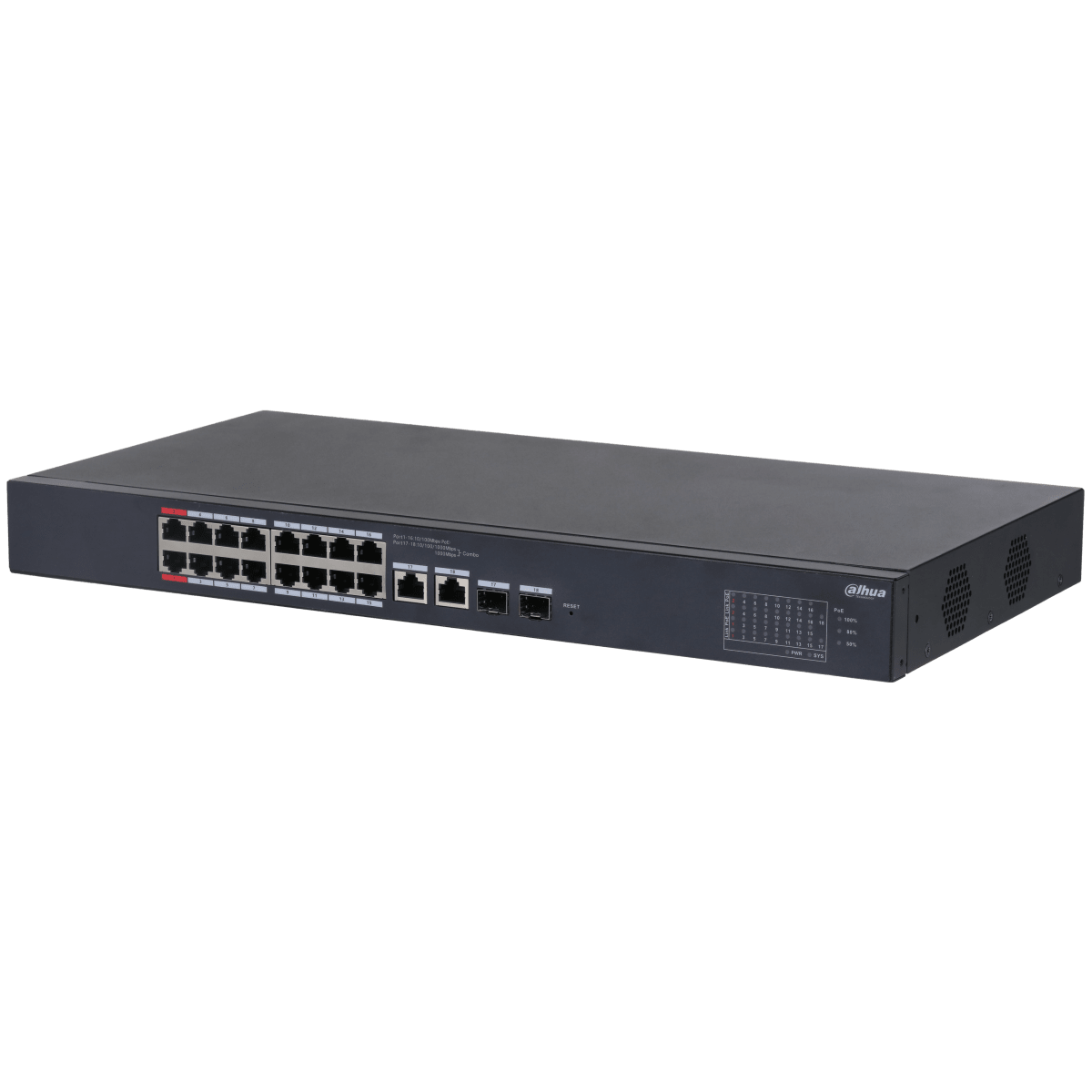 SWITCH POE ADMIN CLOUD DAHUA. 16 PUERTOS PÒE 10/100. 2 PUERTOS OPTICOS 1000 0