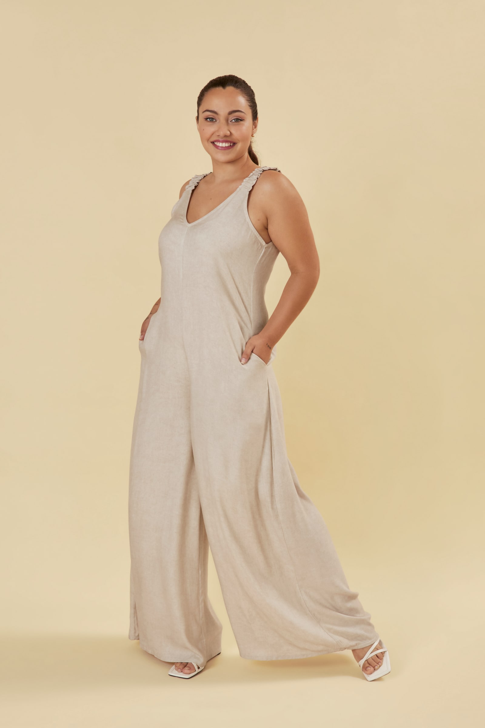 RUNCHED STRAP JUMPSUIT - PALE BEIGE RUNCHED STRAP JUMPSUIT - PALE BEIGE