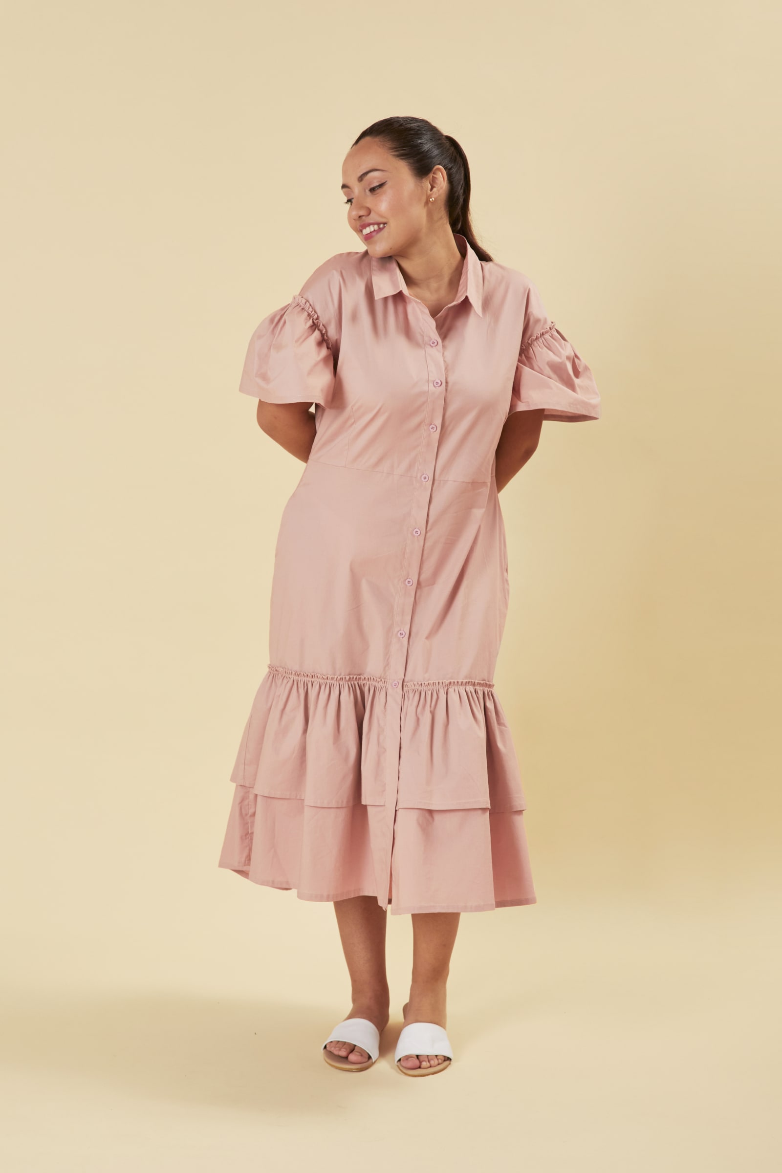 MIDI RUFFLE DRESS - MAUVE MIDI RUFFLE DRESS - MAUVE