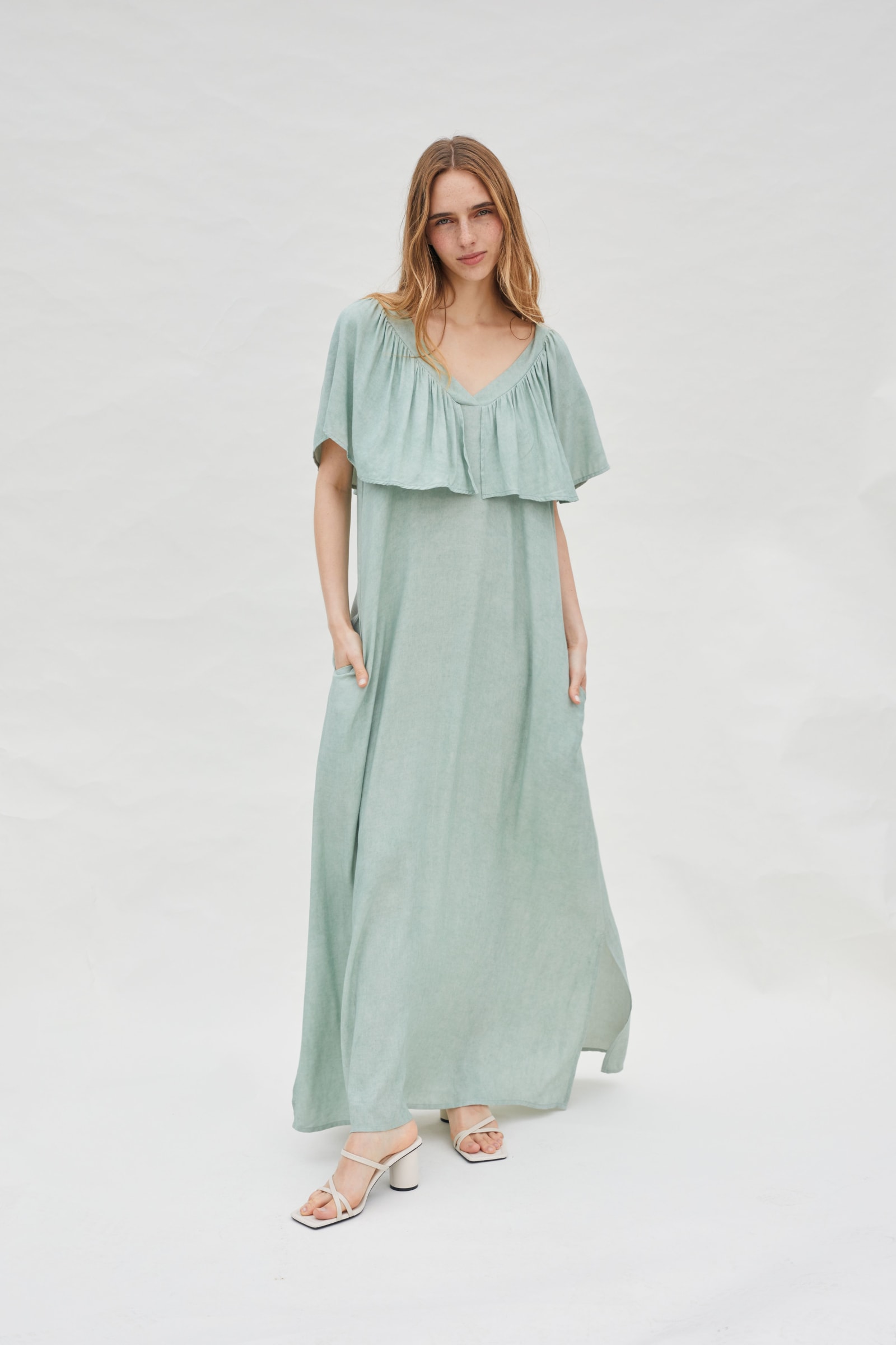 RUFFLE V DRESS - AQUA RUFFLE V DRESS - AQUA