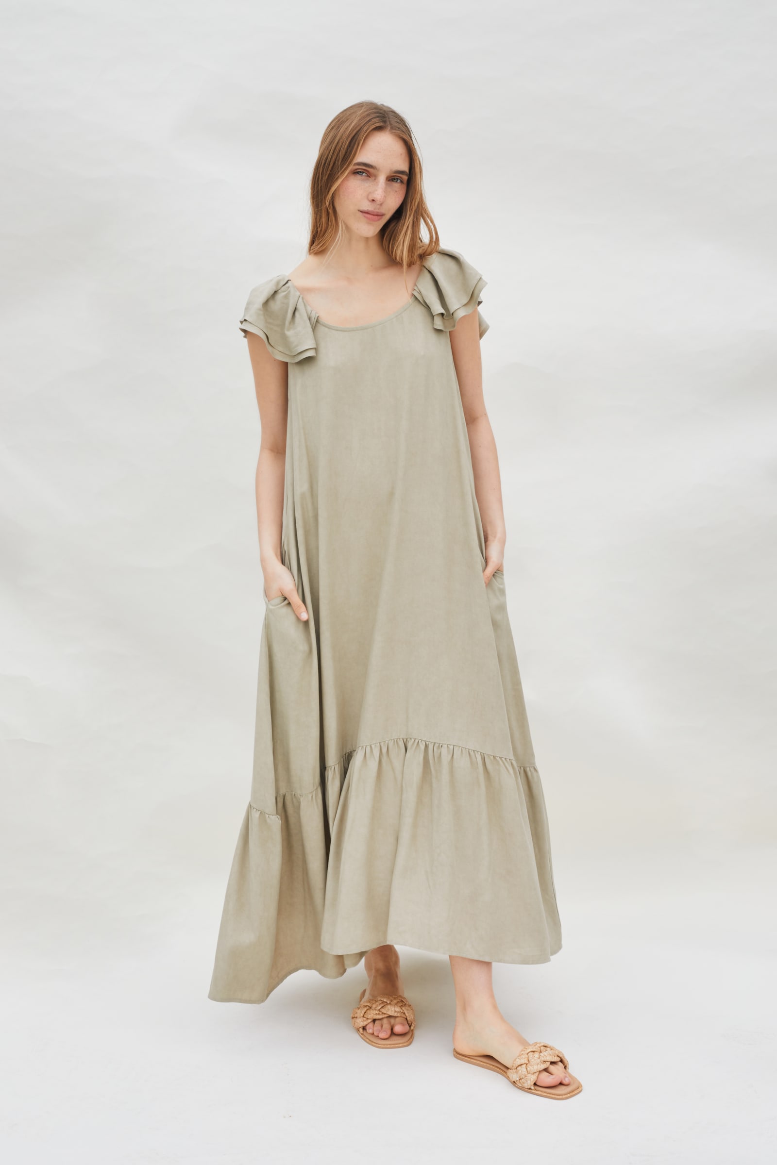 SWEET RUFFLE MAXI DRESS - PALE BEIGE SWEET RUFFLE MAXI DRESS - PALE BEIGE