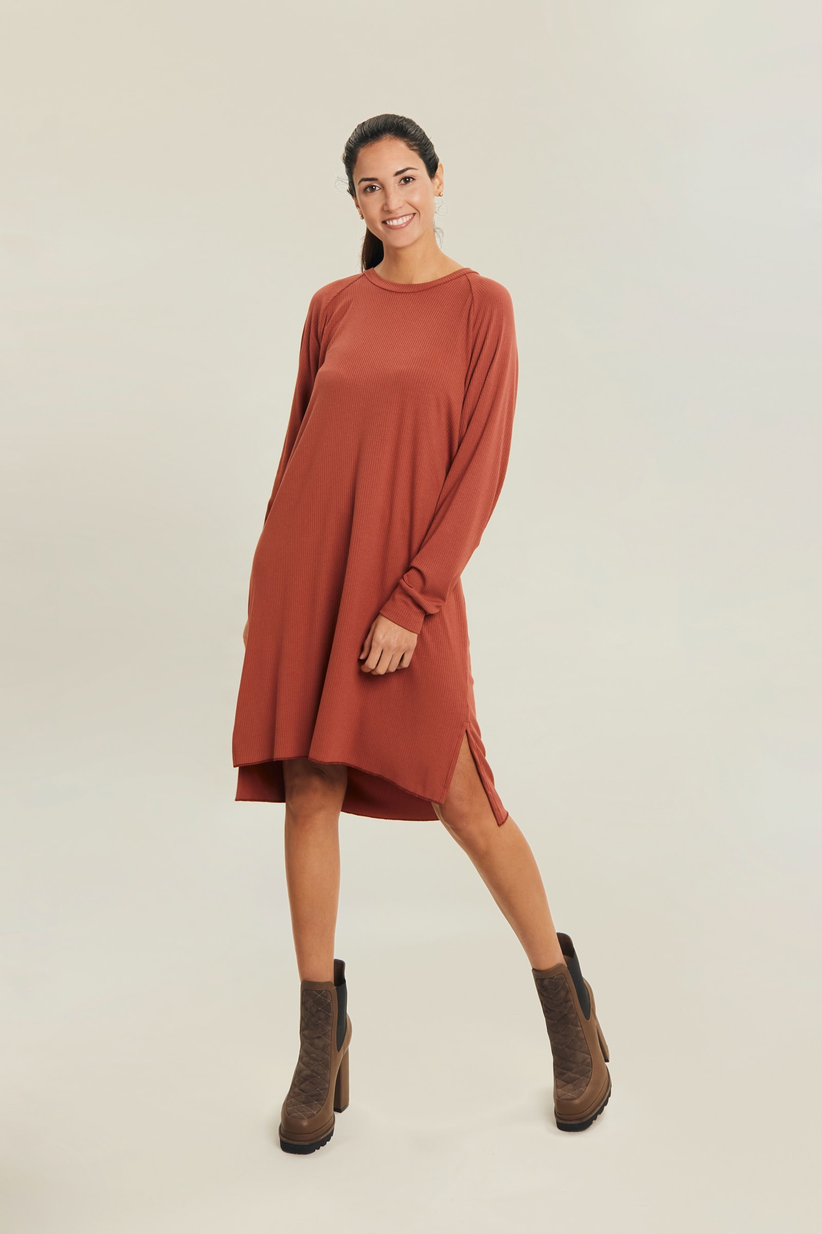 BOXY RIB DRESS - CINNAMON BOXY RIB DRESS - CINNAMON