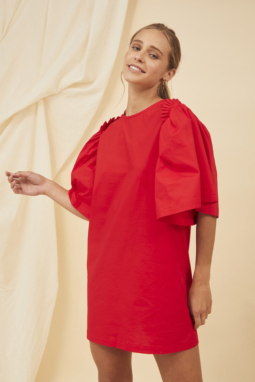ATTACHED SLEEVE DRESS - RED ATTACHED SLEEVE DRESS - RED