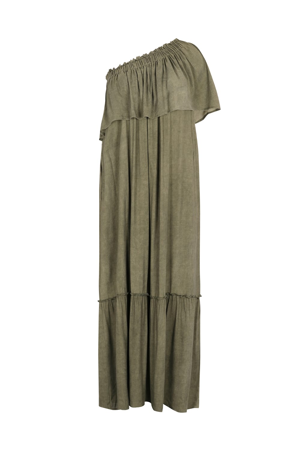 OFF SHOULDER RUFFLE DRESS - DUSTY GREEN OFF SHOULDER RUFFLE DRESS - DUSTY GREEN