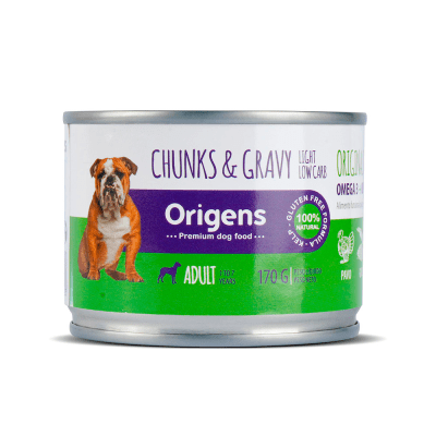 Origens lata Perro Chunks & Gravy Light / Low Carb 170gr - Carne de Res y Pavo1