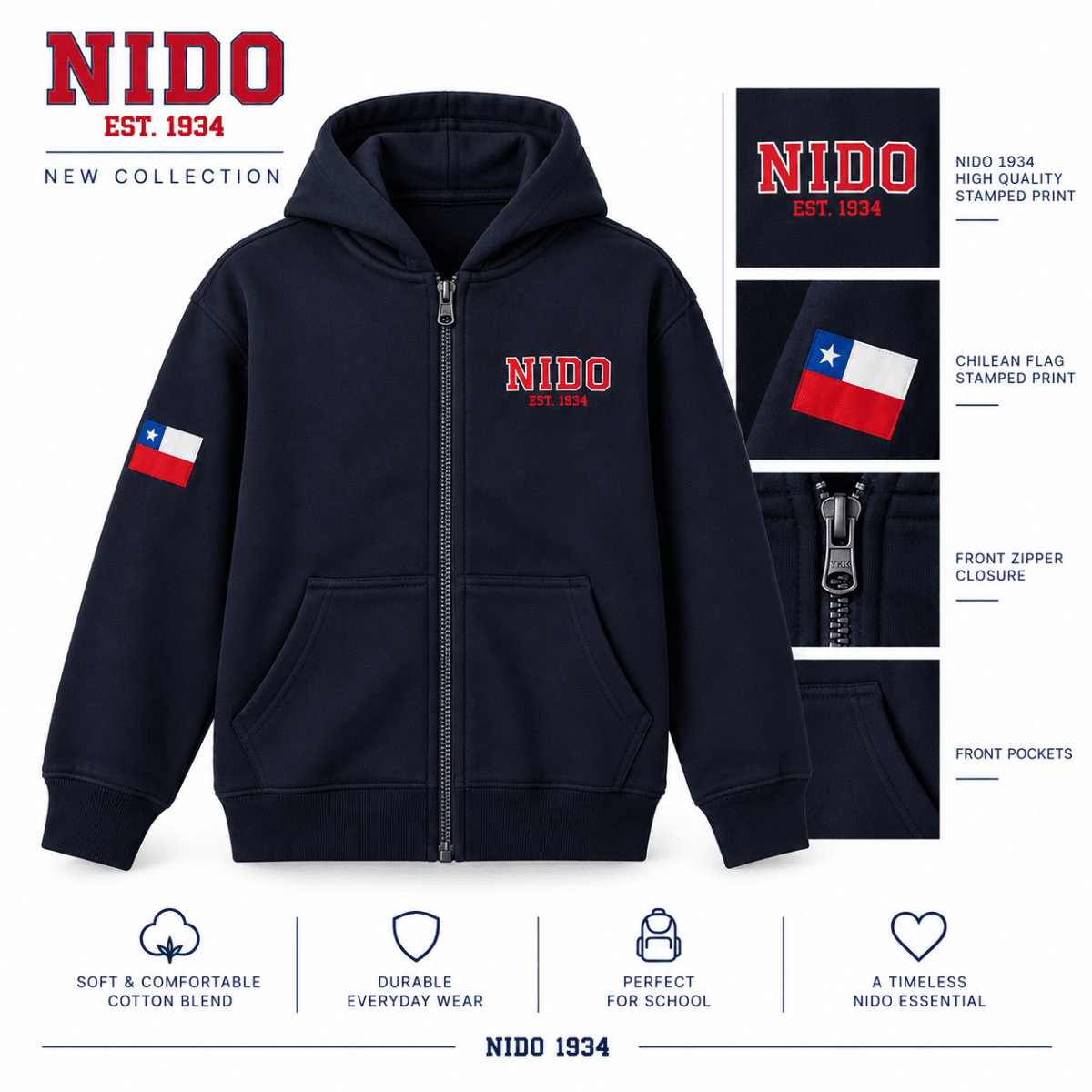 NEW NIDO 1934 Zip Hoodie — Navy1