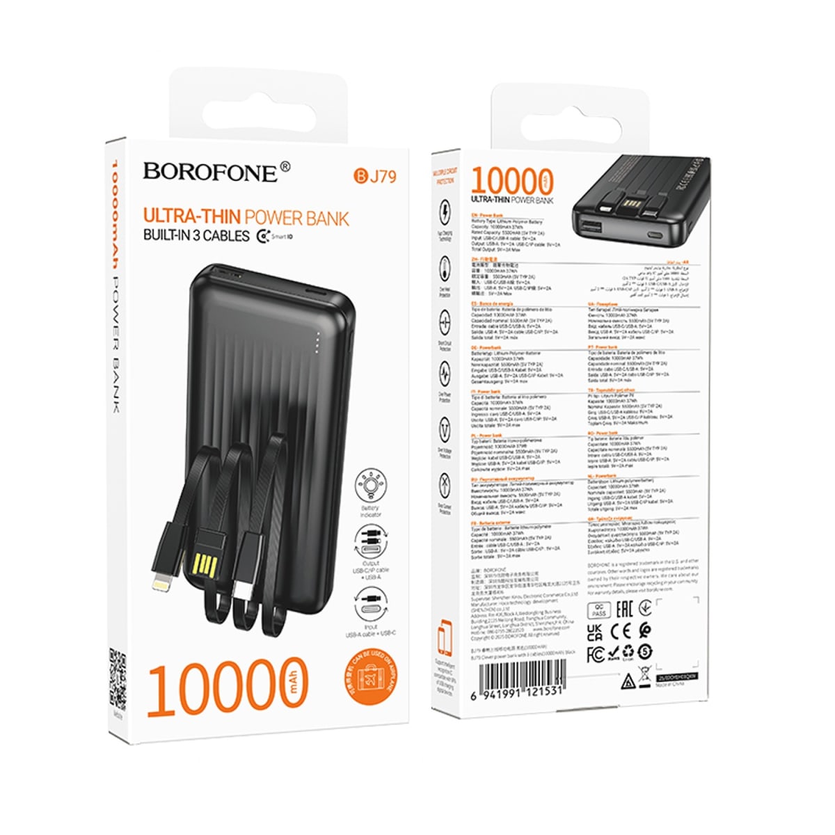 BOROFONE ULTRA-THIN POWER BANK 10000 MAH BUILT-IN 3 CABLES2
