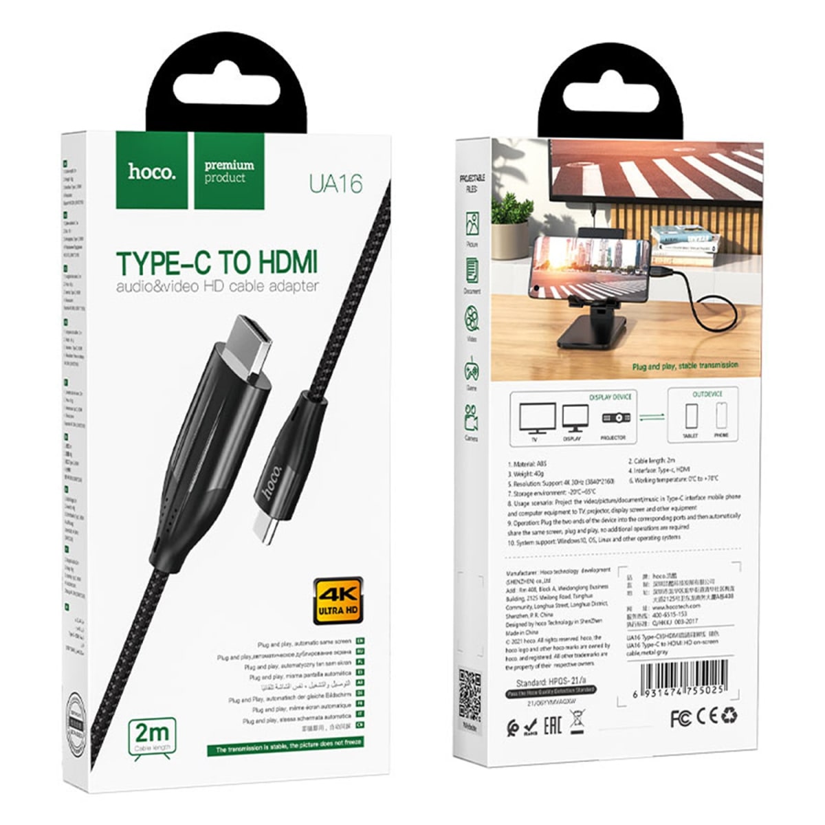 Cable Hoco UA16 Tipo C a HDMI HD 2m Negro2