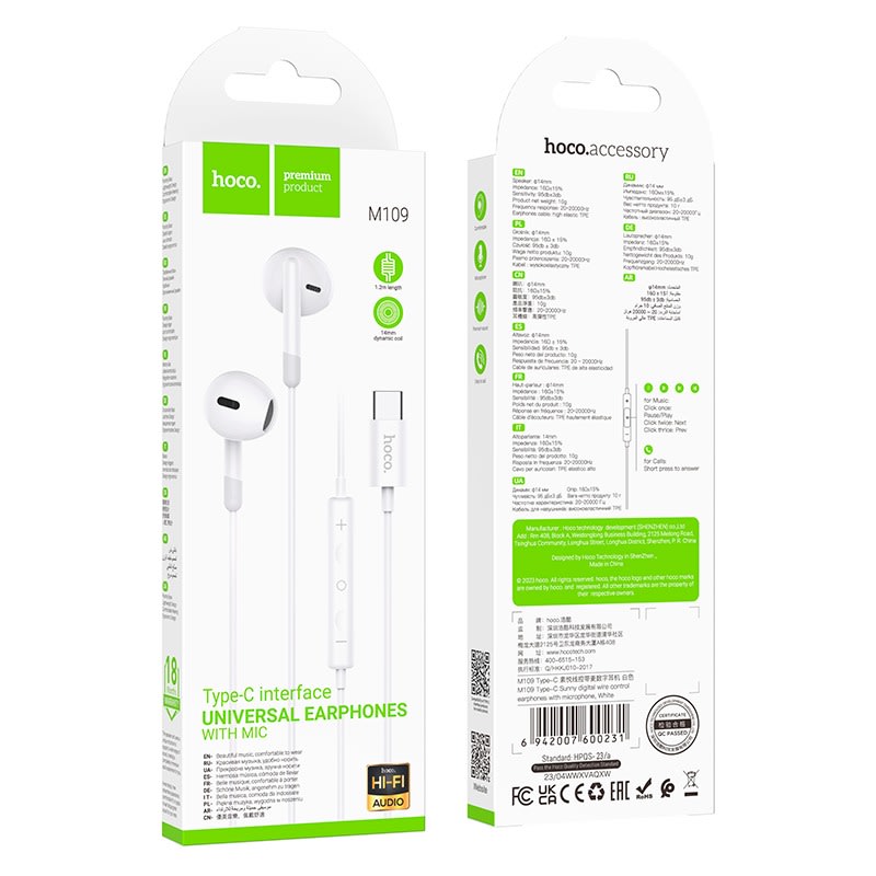 Audífonos In Ear Hoco M109 Tipo C Sunny Blanco3