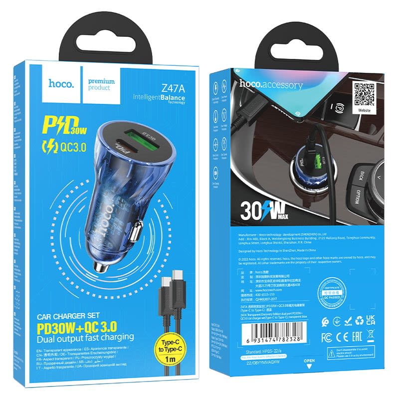 Hoco Cargador Auto Set Z47A Transparent Discovery PD30W+QC3.0 PD a PD Azul2