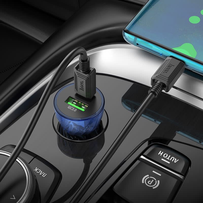 Hoco Cargador Auto Set Z47A Transparent Discovery PD30W+QC3.0 PD a PD Azul4