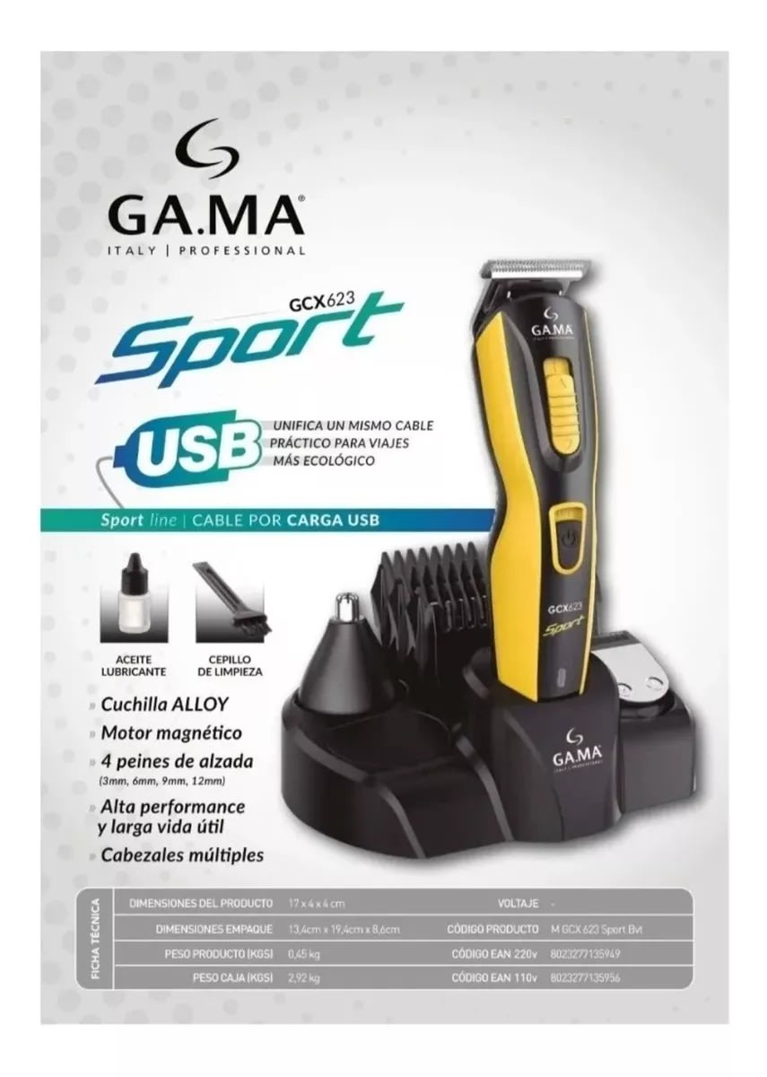 GAMA ITALY CORTADORA DE CABELLO SPORT GCX623 USB 5 PEINES5