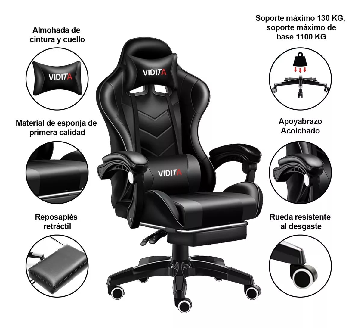 Silla Gamer Profesional GX2000 con Reposapiés-Negro Vidita3