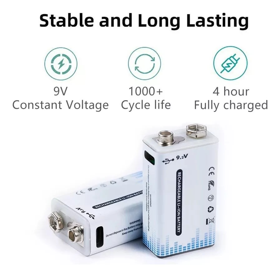 BATERIA LITIO RECARGABLE 9V 500mAh CON CABLE DE CARGA TIPO C2