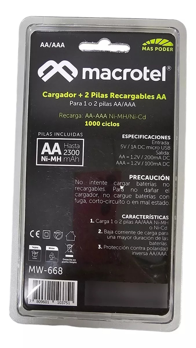 CARGADOR + 2 PILAS AA RECARGABLES 9V 1000 CICLOS DE CARGA3