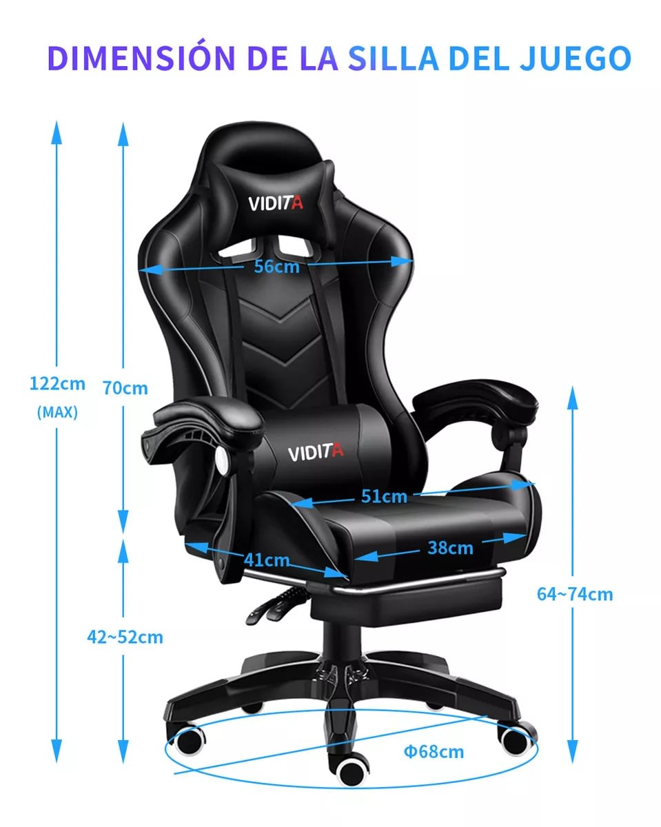 Silla Gamer Profesional GX2000 con Reposapiés-Negro Vidita4