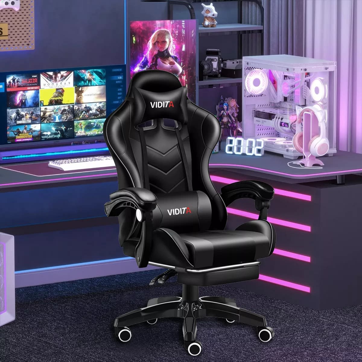 Silla Gamer Profesional GX2000 con Reposapiés-Negro Vidita8