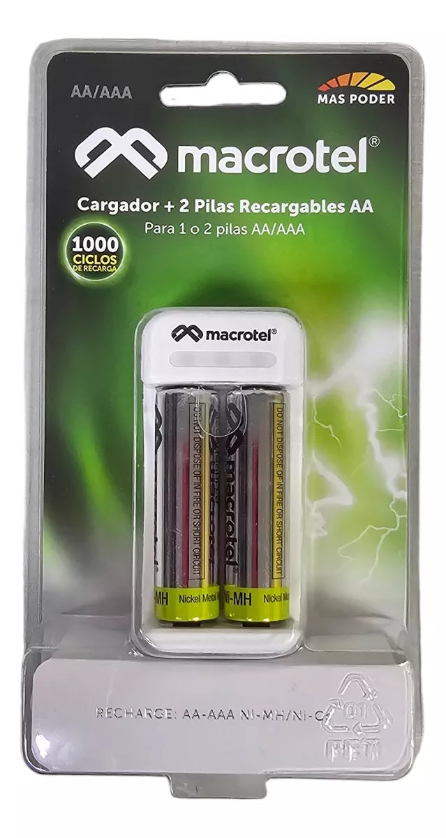 CARGADOR + 2 PILAS AA RECARGABLES 9V 1000 CICLOS DE CARGA 0