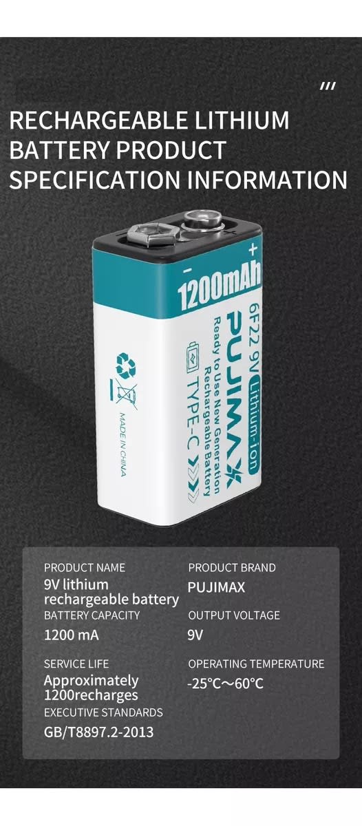 BATERÍA RECARGABLE LITIO 9V USB TIPO C 1200MAH3