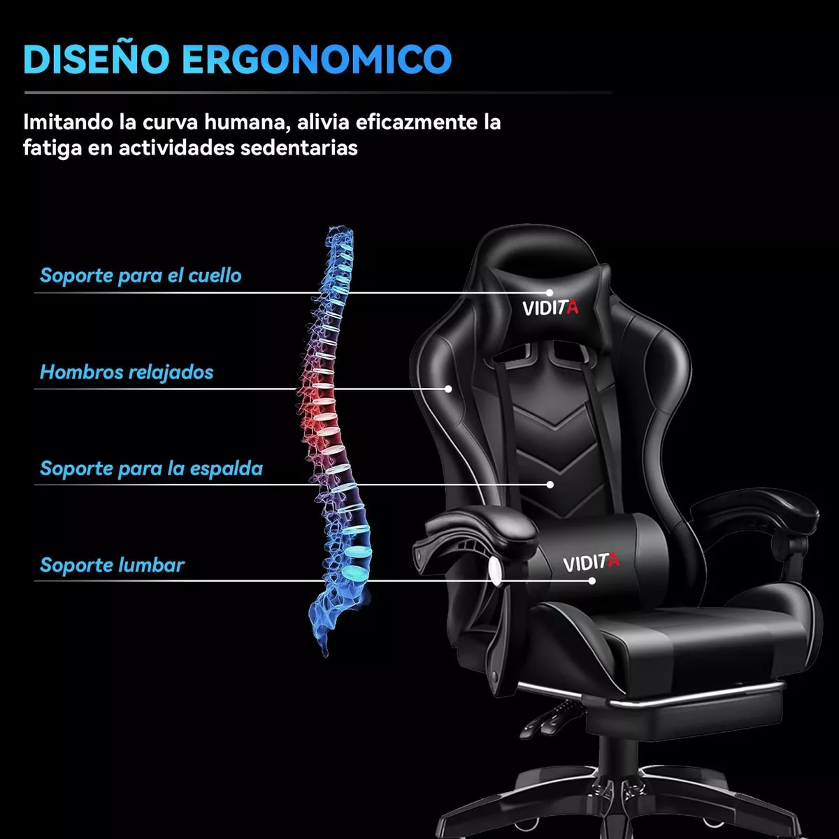 Silla Gamer Profesional GX2000 con Reposapiés-Negro Vidita7